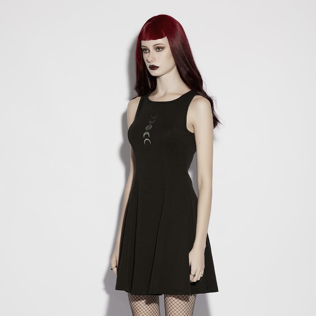 PUNK RAVE Women's Gothic Moon Phase Printed Sleeveless Dress Graduation Dress