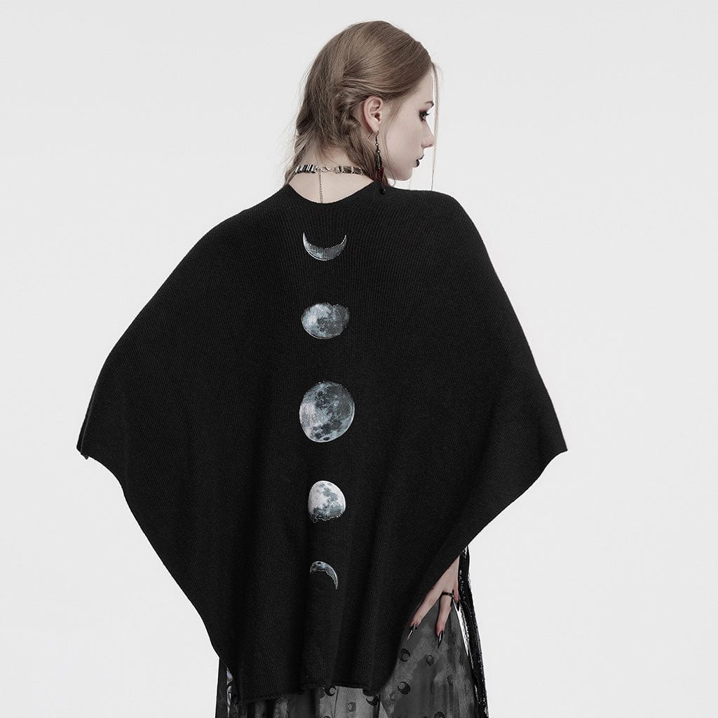 PUNK RAVE Women's Gothic Moon Printed Fluffy Splice Coat Black