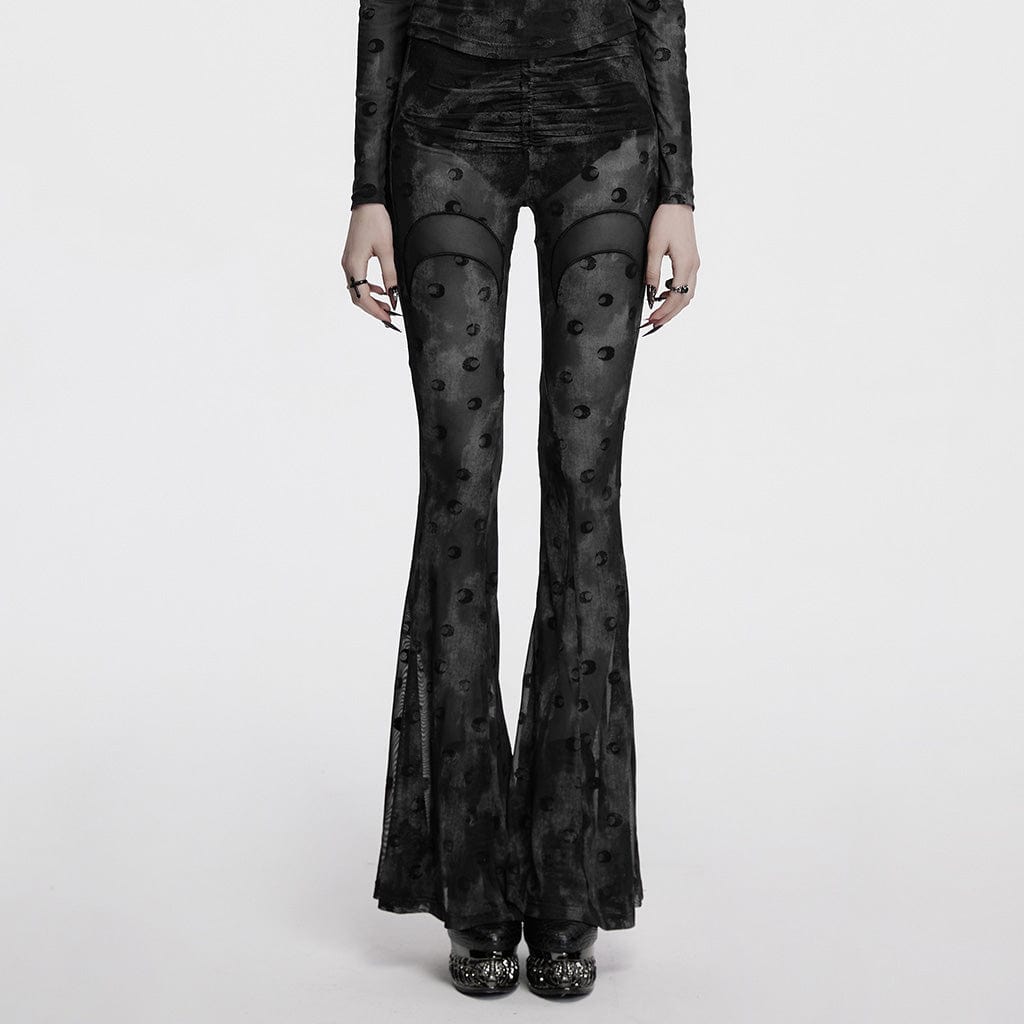 PUNK RAVE Women's Gothic Moon Printed Lace-up Mesh Flared Pants Grey