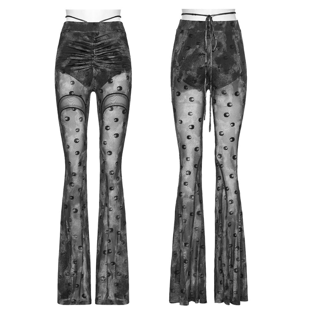 PUNK RAVE Women's Gothic Moon Printed Lace-up Mesh Flared Pants Grey