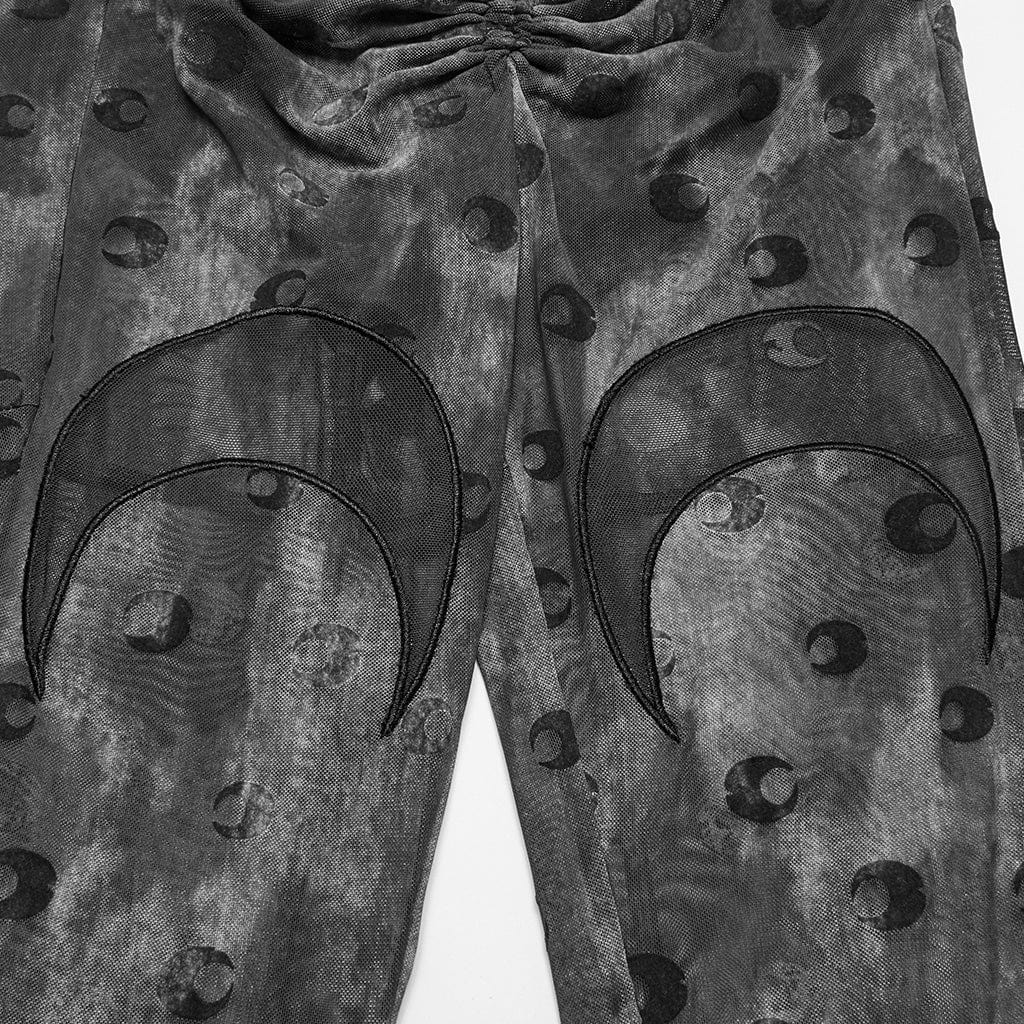 PUNK RAVE Women's Gothic Moon Printed Lace-up Mesh Flared Pants Grey