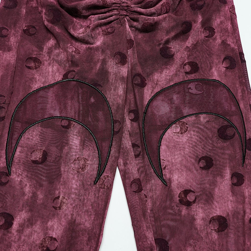 PUNK RAVE Women's Gothic Moon Printed Lace-up Mesh Flared Pants Red