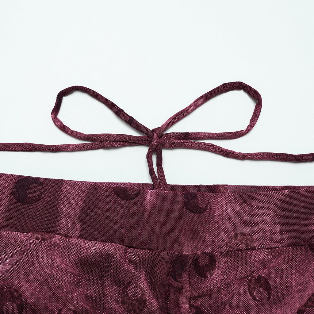 PUNK RAVE Women's Gothic Moon Printed Lace-up Mesh Flared Pants Red