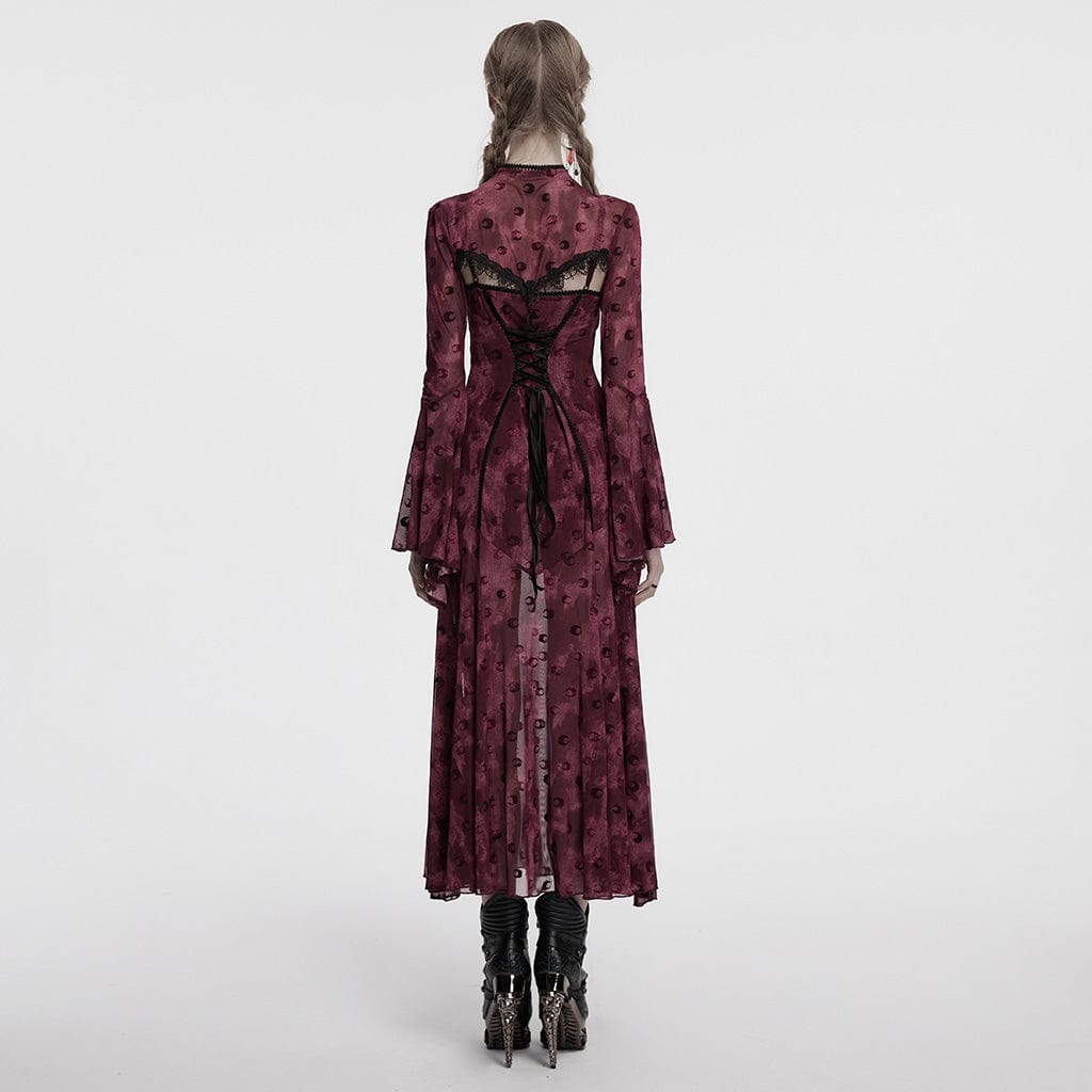 PUNK RAVE Women's Gothic Moon Printed Mesh Slip Dress with Cape Red