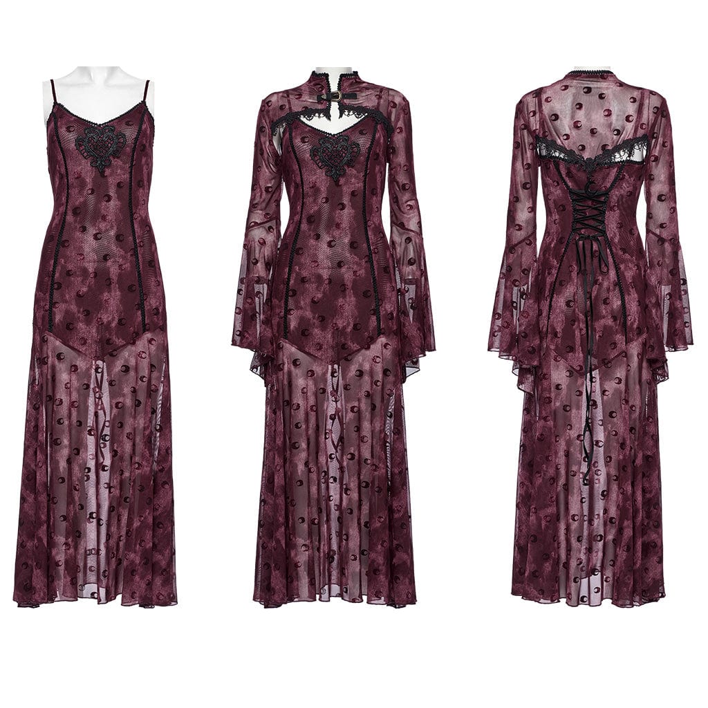PUNK RAVE Women's Gothic Moon Printed Mesh Slip Dress with Cape Red