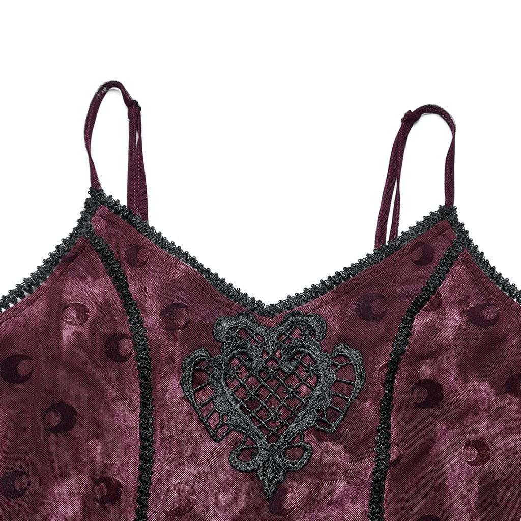 PUNK RAVE Women's Gothic Moon Printed Mesh Slip Dress with Cape Red