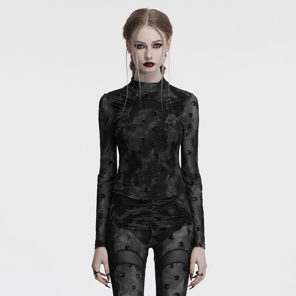 PUNK RAVE Women's Gothic Moon Printed Ruched Mesh Shirt Grey