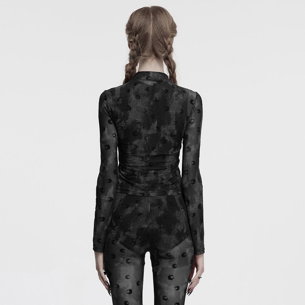 PUNK RAVE Women's Gothic Moon Printed Ruched Mesh Shirt Grey