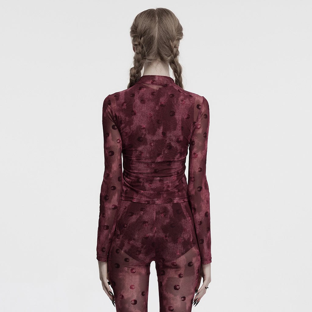 PUNK RAVE Women's Gothic Moon Printed Ruched Mesh Shirt Red