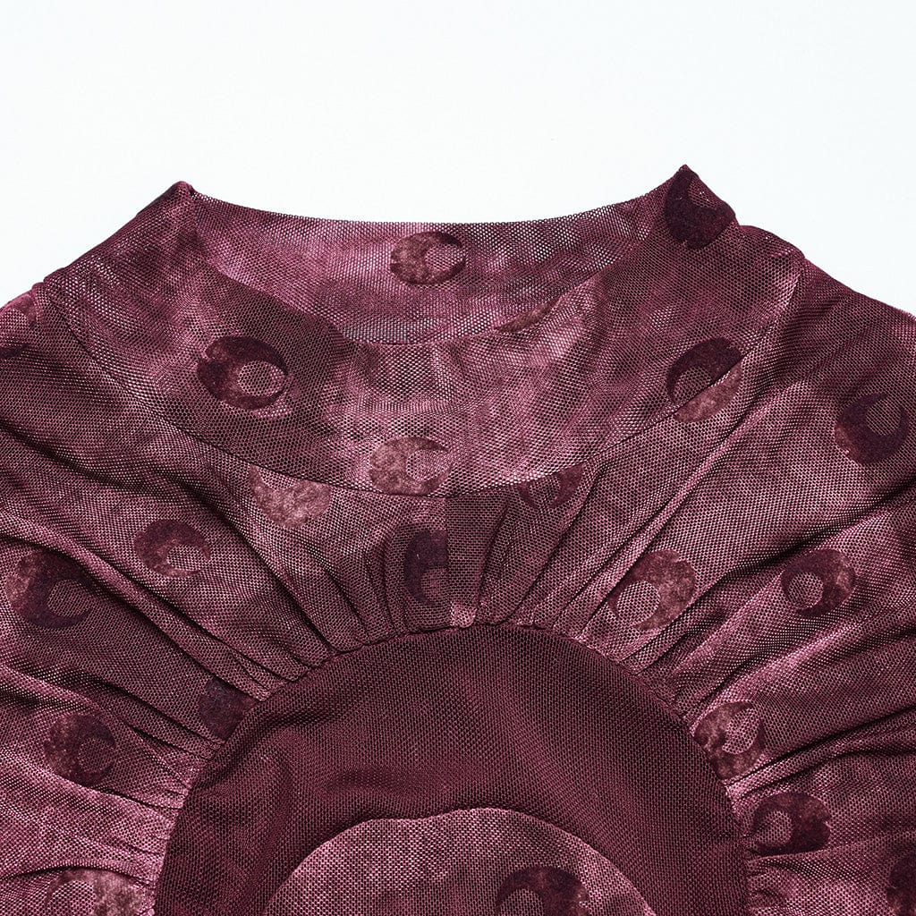 PUNK RAVE Women's Gothic Moon Printed Ruched Mesh Shirt Red