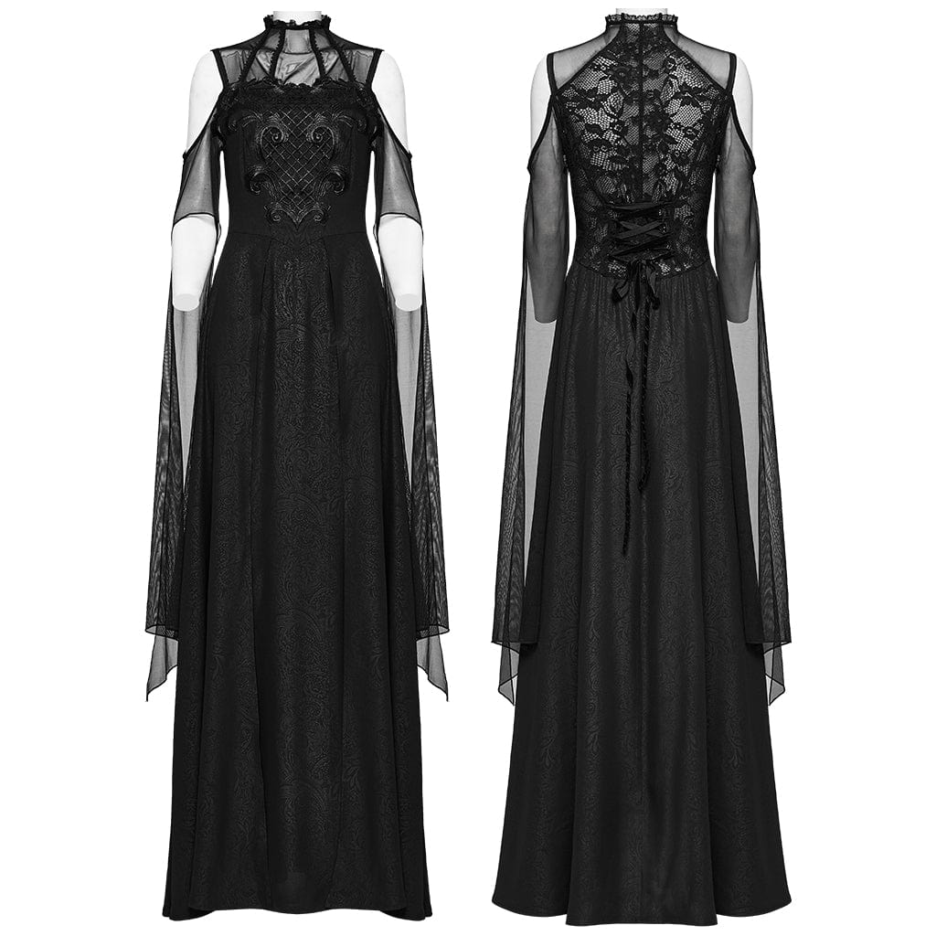 PUNK RAVE Women's Gothic Off Should Mesh Splice Split Dress