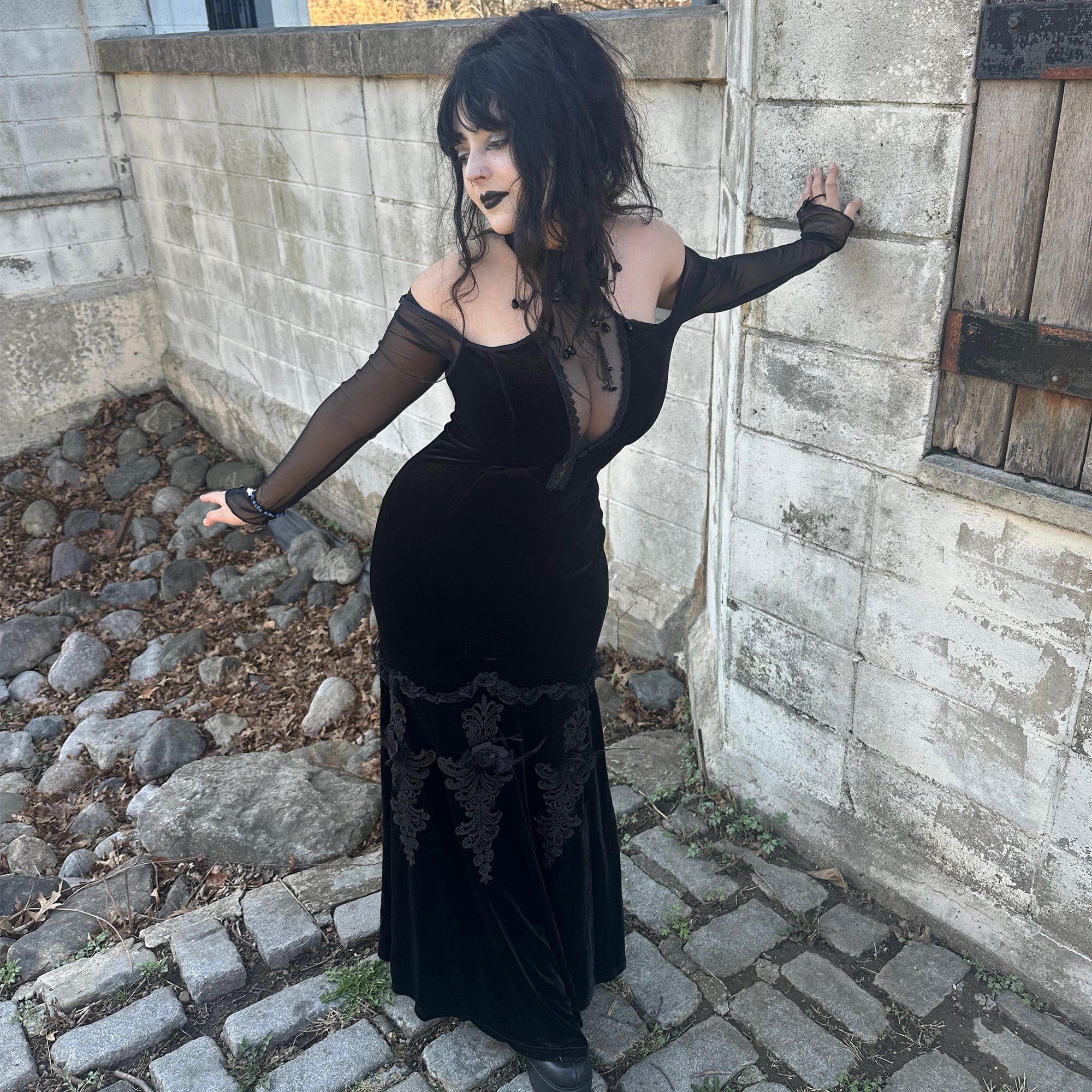 PUNK RAVE Women's Gothic Off Shoulder Mesh Splice Velvet Dress