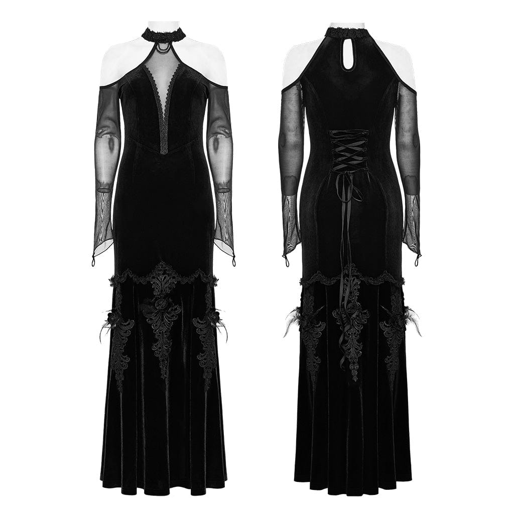 PUNK RAVE Women's Gothic Off Shoulder Mesh Splice Velvet Dress