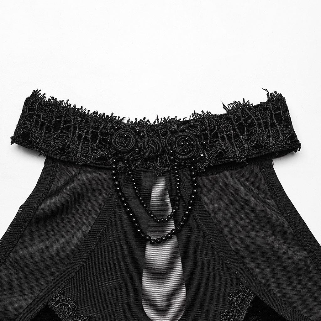 PUNK RAVE Women's Gothic Off Shoulder Mesh Splice Velvet Dress