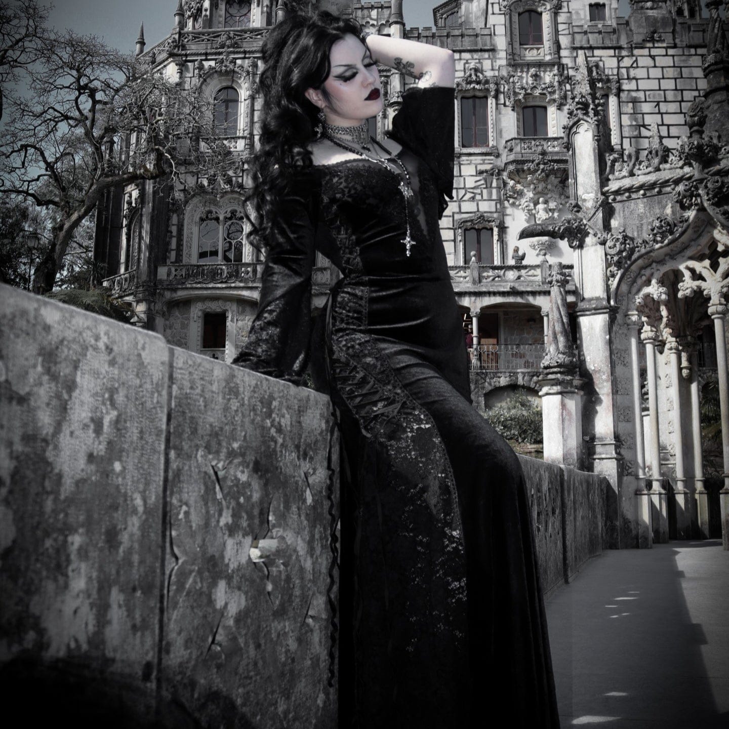 PUNK RAVE Women's Gothic Off-the-shoulder Lace Splice Velvet Gown Dress