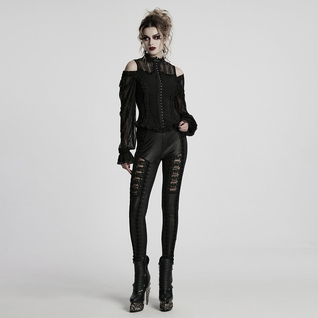 PUNK RAVE Women's Gothic Off-the-shoulder Ruffled Lace-up Shirt