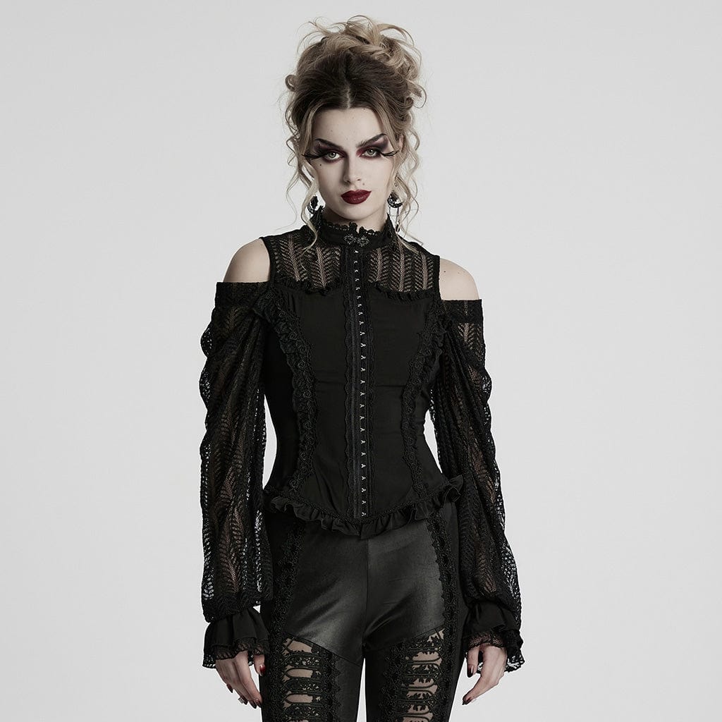 PUNK RAVE Women's Gothic Off-the-shoulder Ruffled Lace-up Shirt