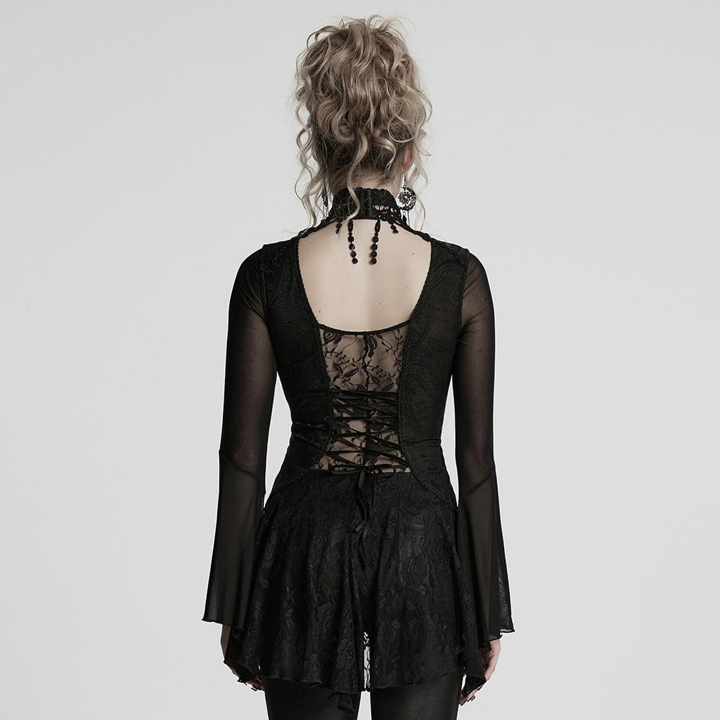 PUNK RAVE Women's Gothic Plunging Flared Sleeved Lace-up Shirt