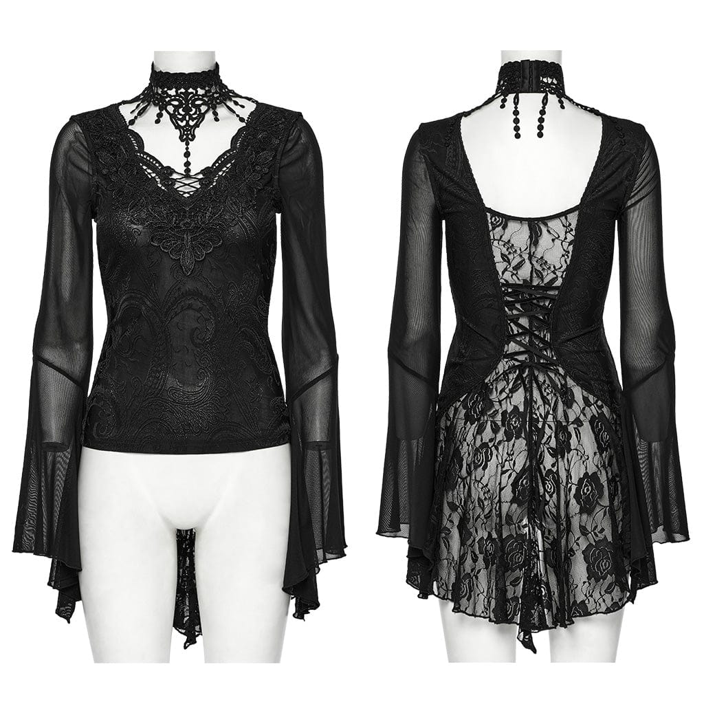 PUNK RAVE Women's Gothic Plunging Flared Sleeved Lace-up Shirt