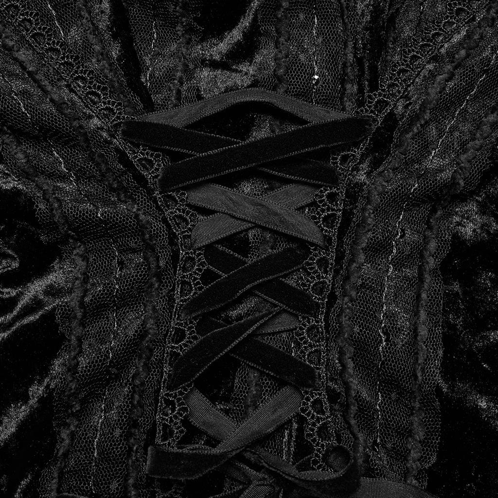 PUNK RAVE Women's Gothic Plunging Puff Sleeved Velvet Shirt Black