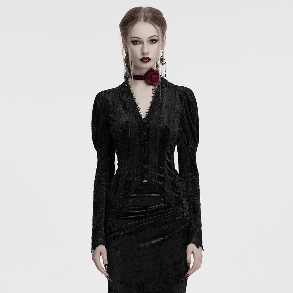 PUNK RAVE Women's Gothic Plunging Puff Sleeved Velvet Shirt Black