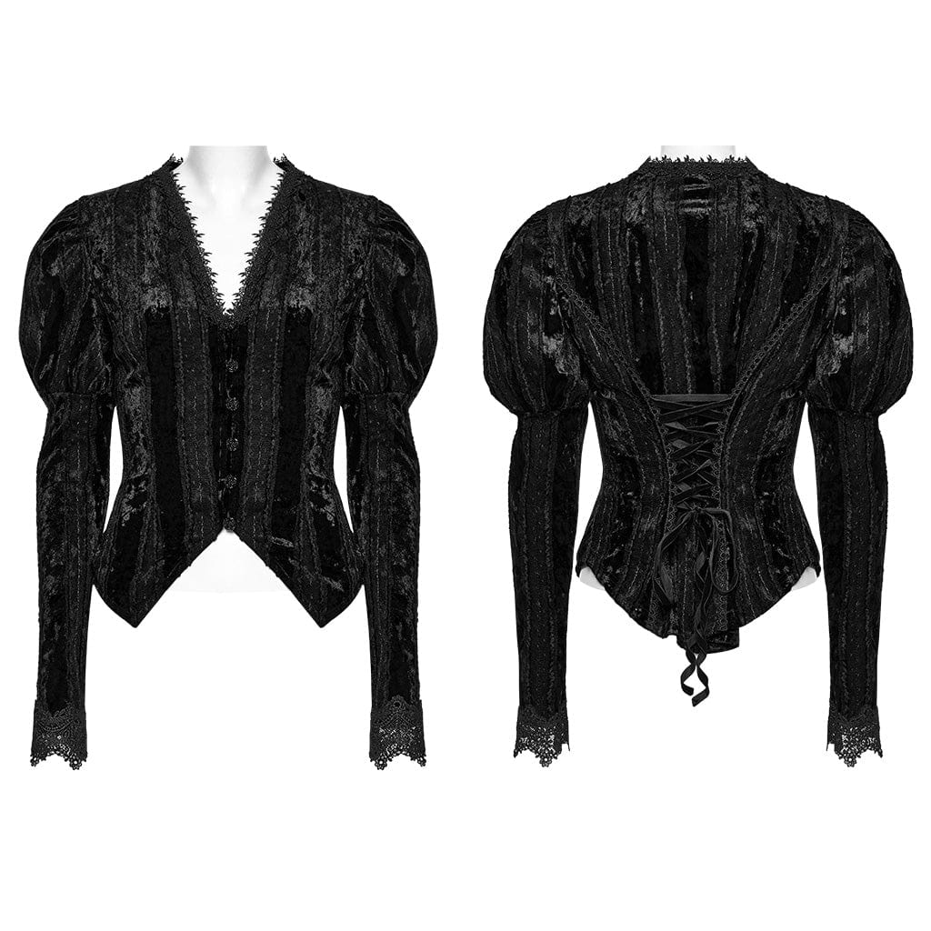 PUNK RAVE Women's Gothic Plunging Puff Sleeved Velvet Shirt Black