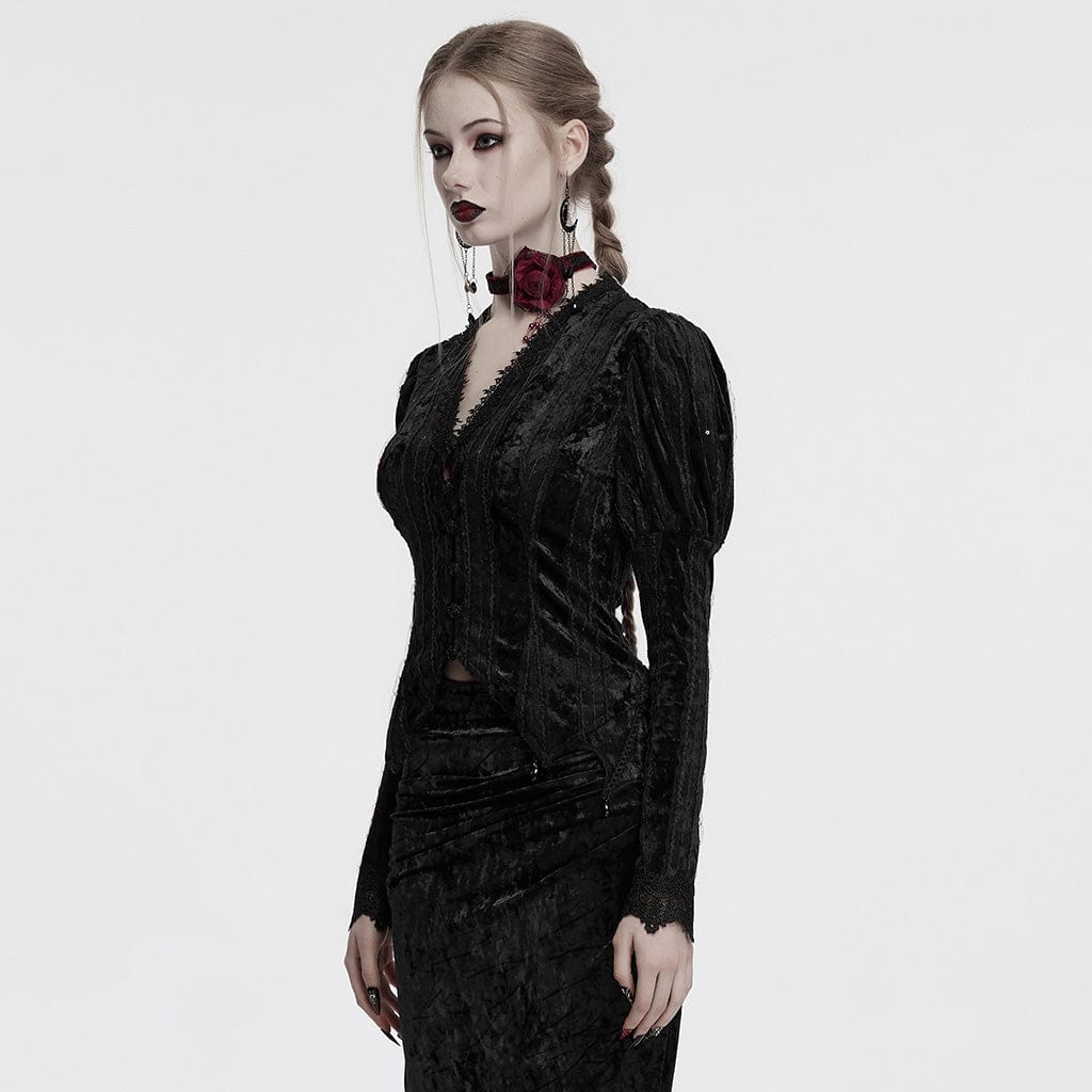PUNK RAVE Women's Gothic Plunging Puff Sleeved Velvet Shirt Black