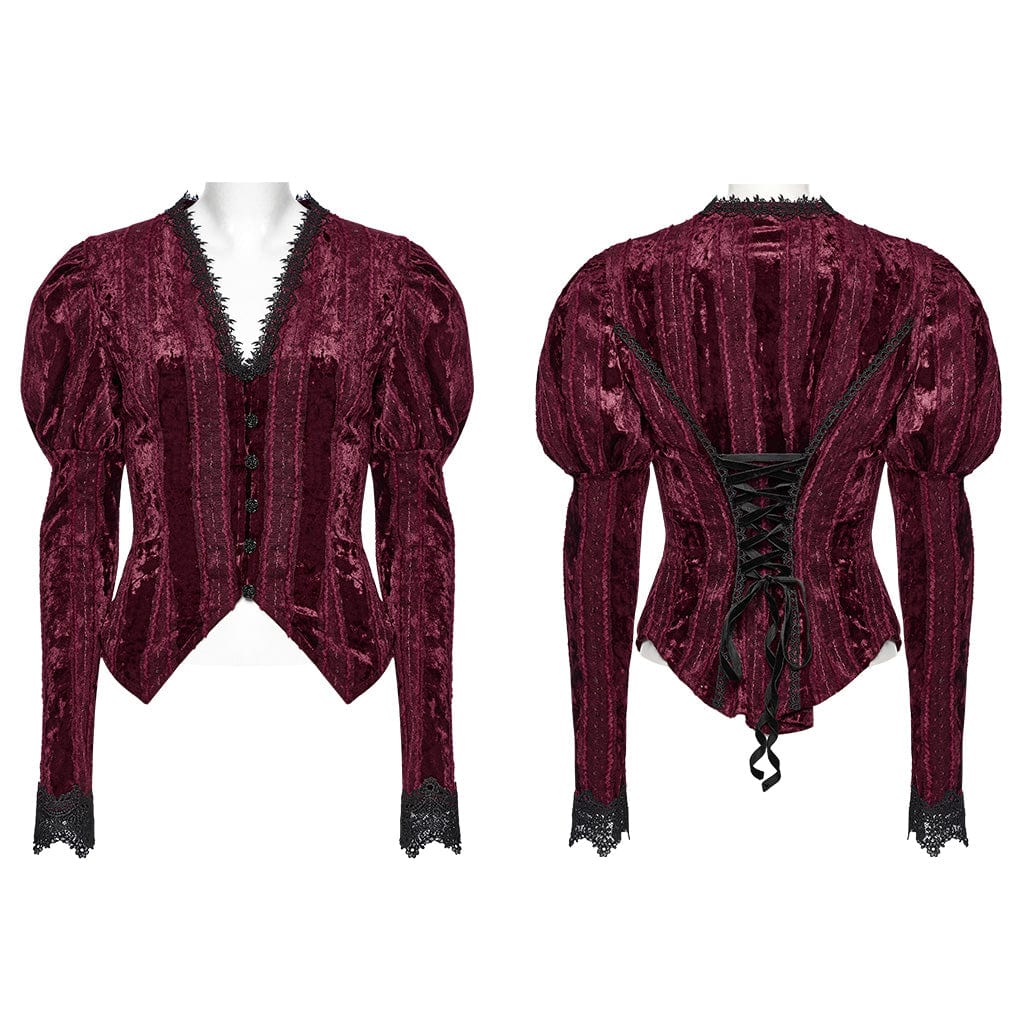 PUNK RAVE Women's Gothic Plunging Puff Sleeved Velvet Shirt Red