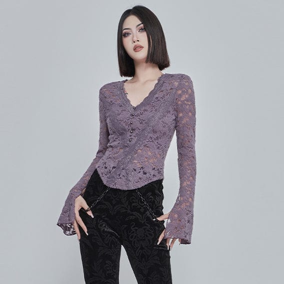 PUNK RAVE Women's Gothic Plunging Sheer Lace Hem Shirt