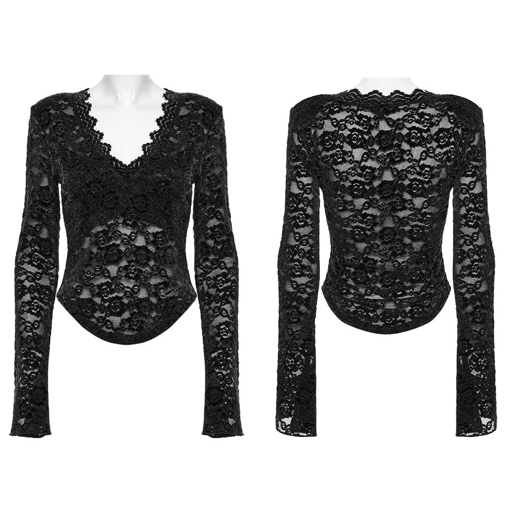 PUNK RAVE Women's Gothic Plunging Sheer Lace Shirt Black