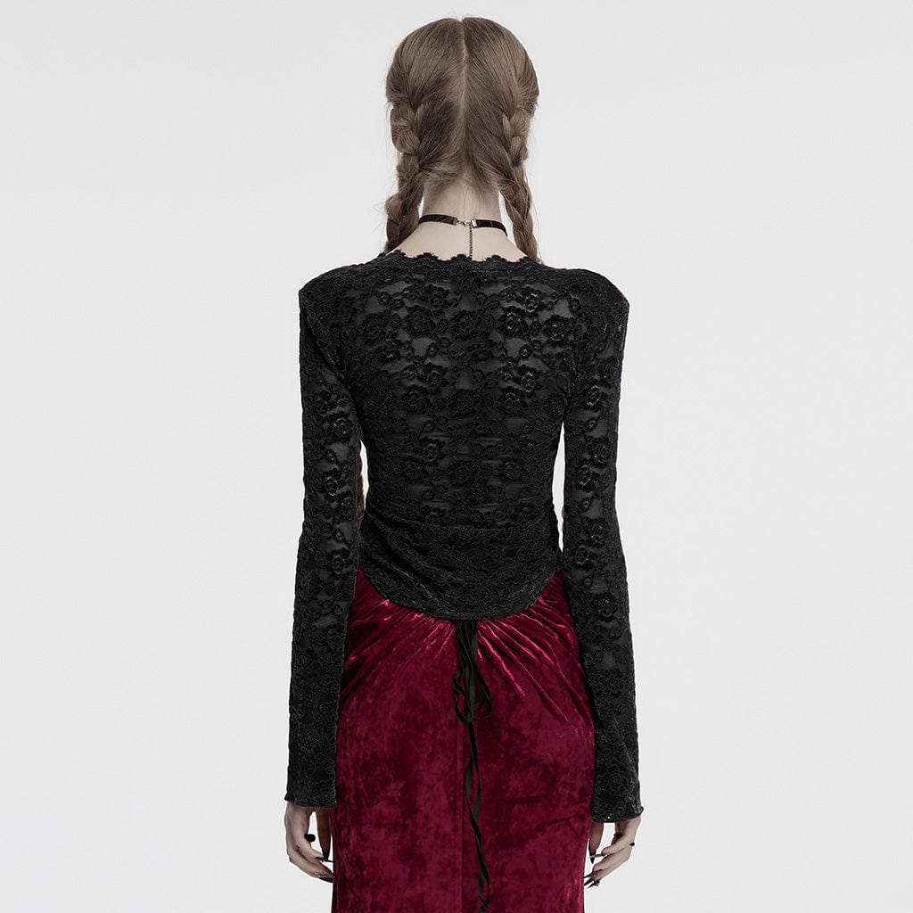 PUNK RAVE Women's Gothic Plunging Sheer Lace Shirt Black