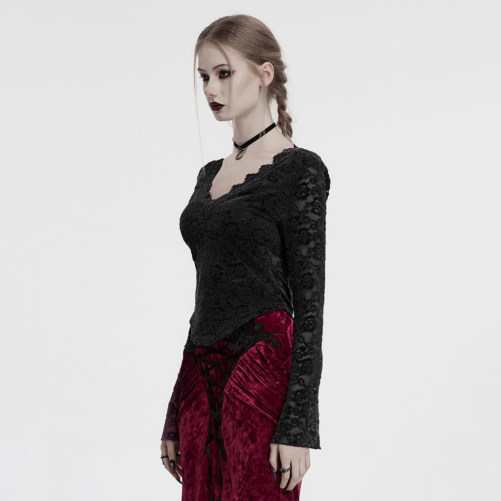 PUNK RAVE Women's Gothic Plunging Sheer Lace Shirt Black