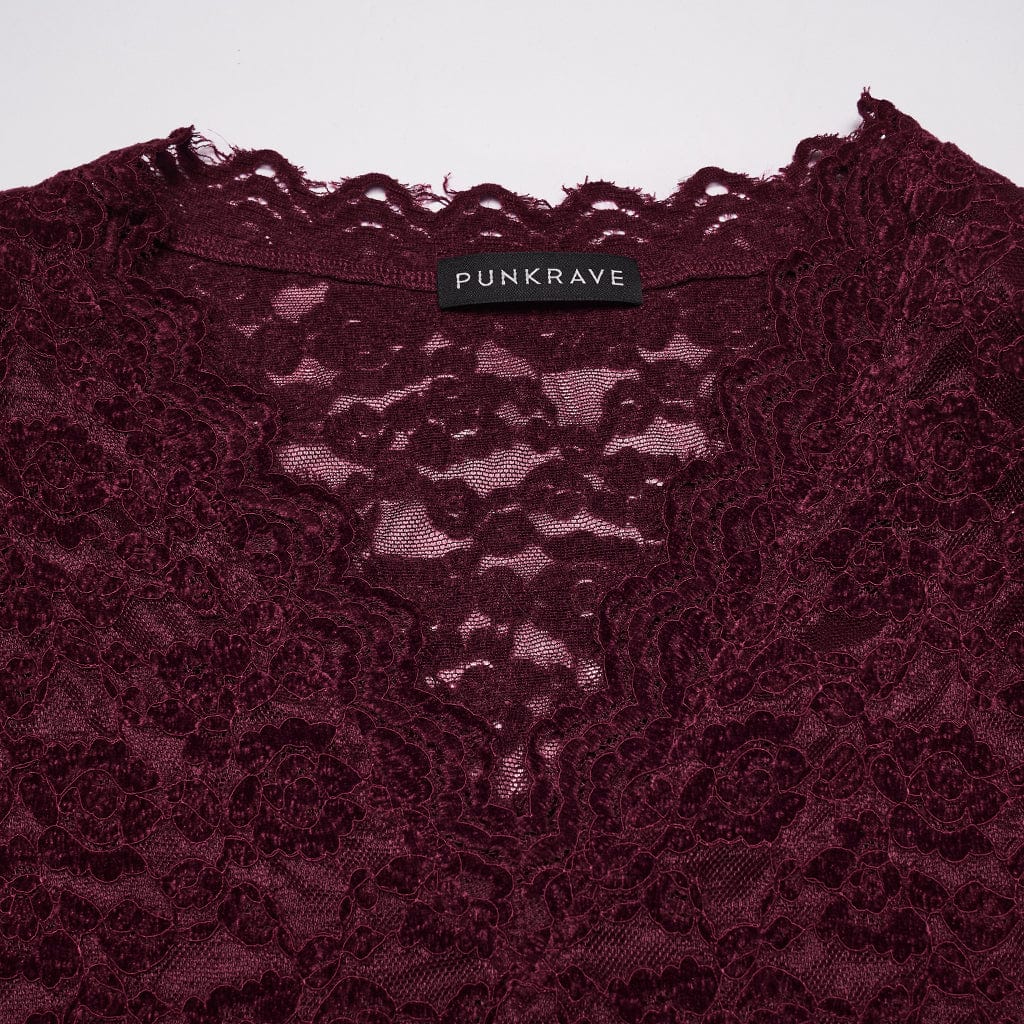 PUNK RAVE Women's Gothic Plunging Sheer Lace Shirt Red