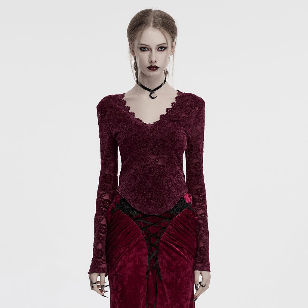 PUNK RAVE Women's Gothic Plunging Sheer Lace Shirt Red