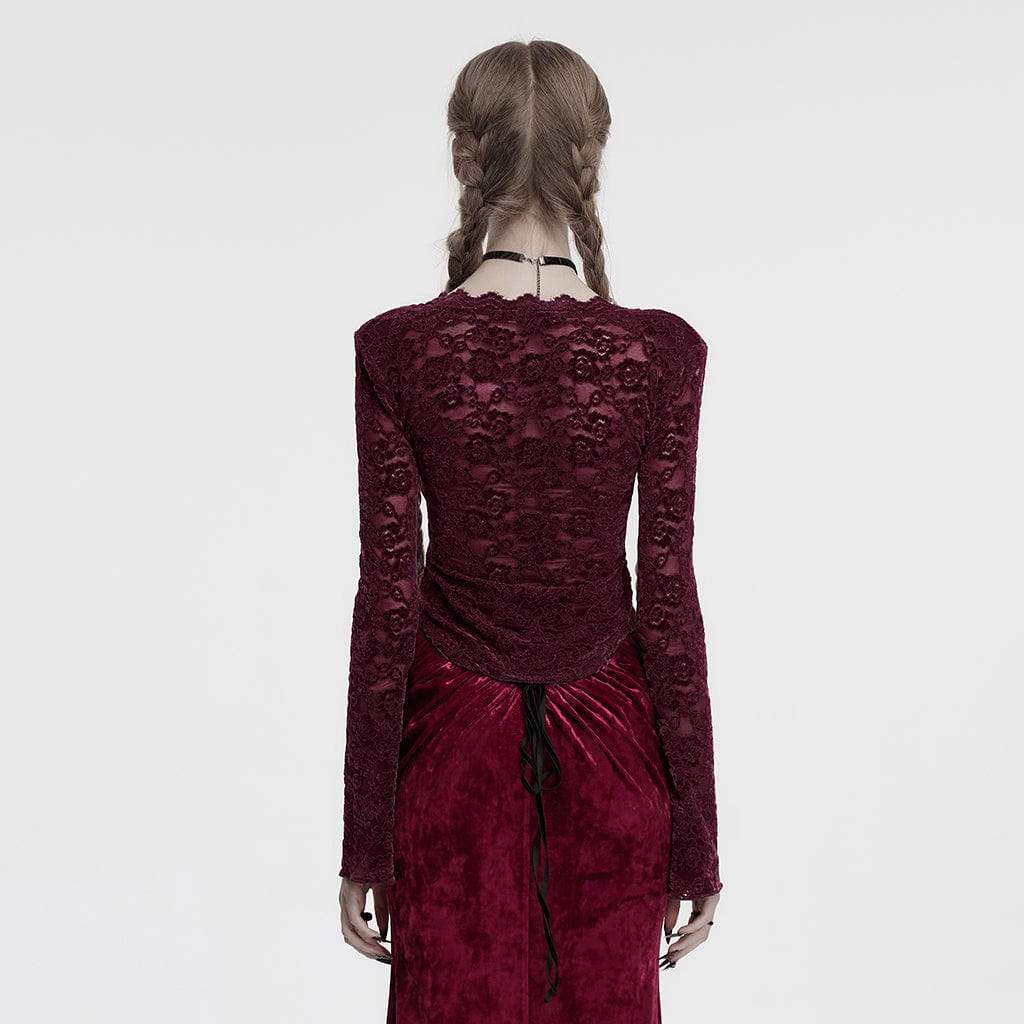 PUNK RAVE Women's Gothic Plunging Sheer Lace Shirt Red