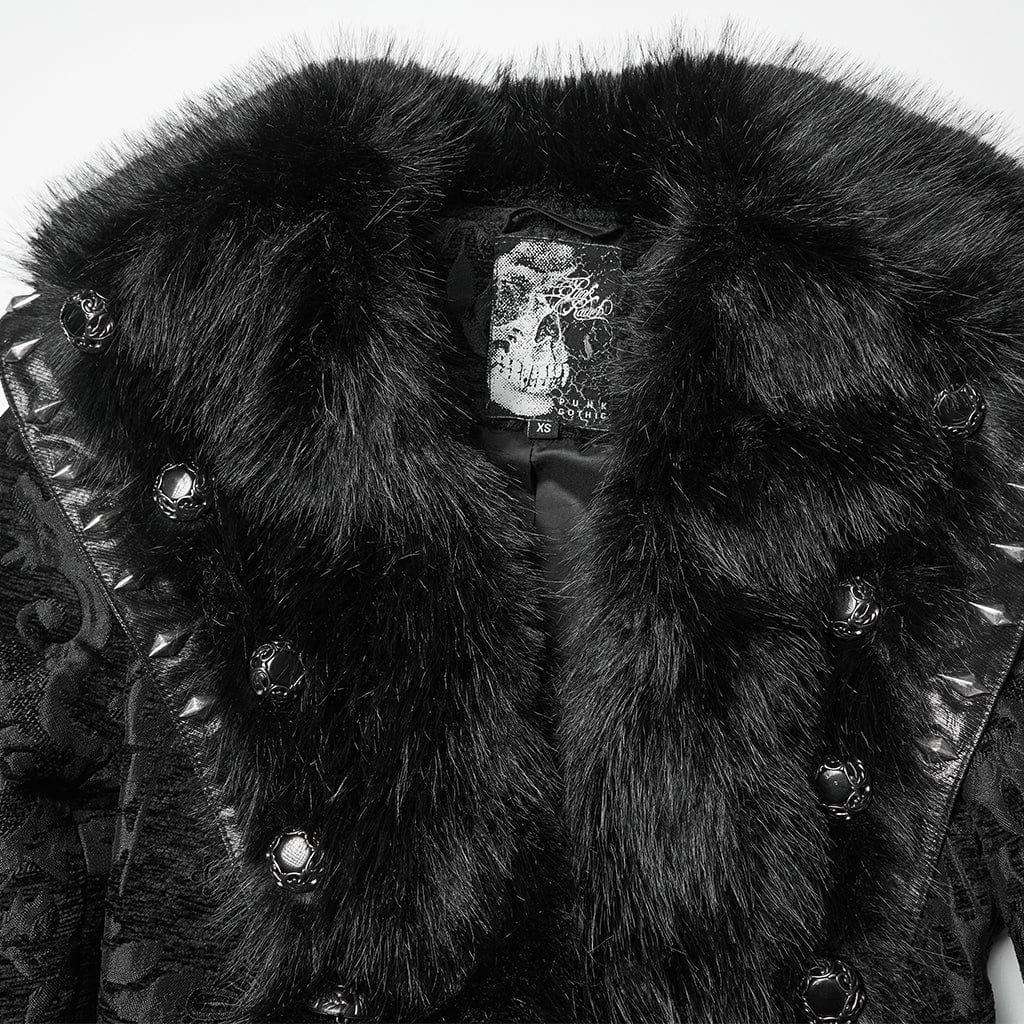 PUNK RAVE Women's Gothic Plush Splice Turn-down Collar Floral Printed Coat