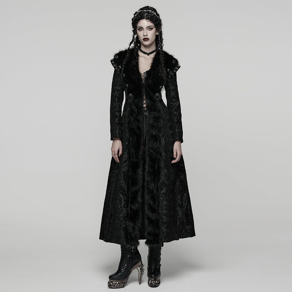 PUNK RAVE Women's Gothic Plush Splice Turn-down Collar Floral Printed Coat