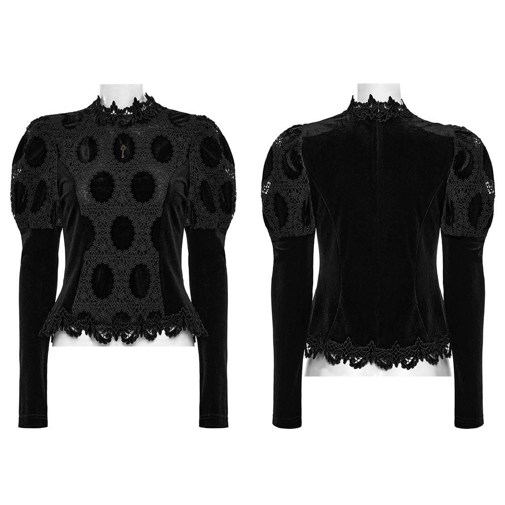 PUNK RAVE Women's Gothic Puff Sleeved Floral Embroidered Velvet Shirt Black