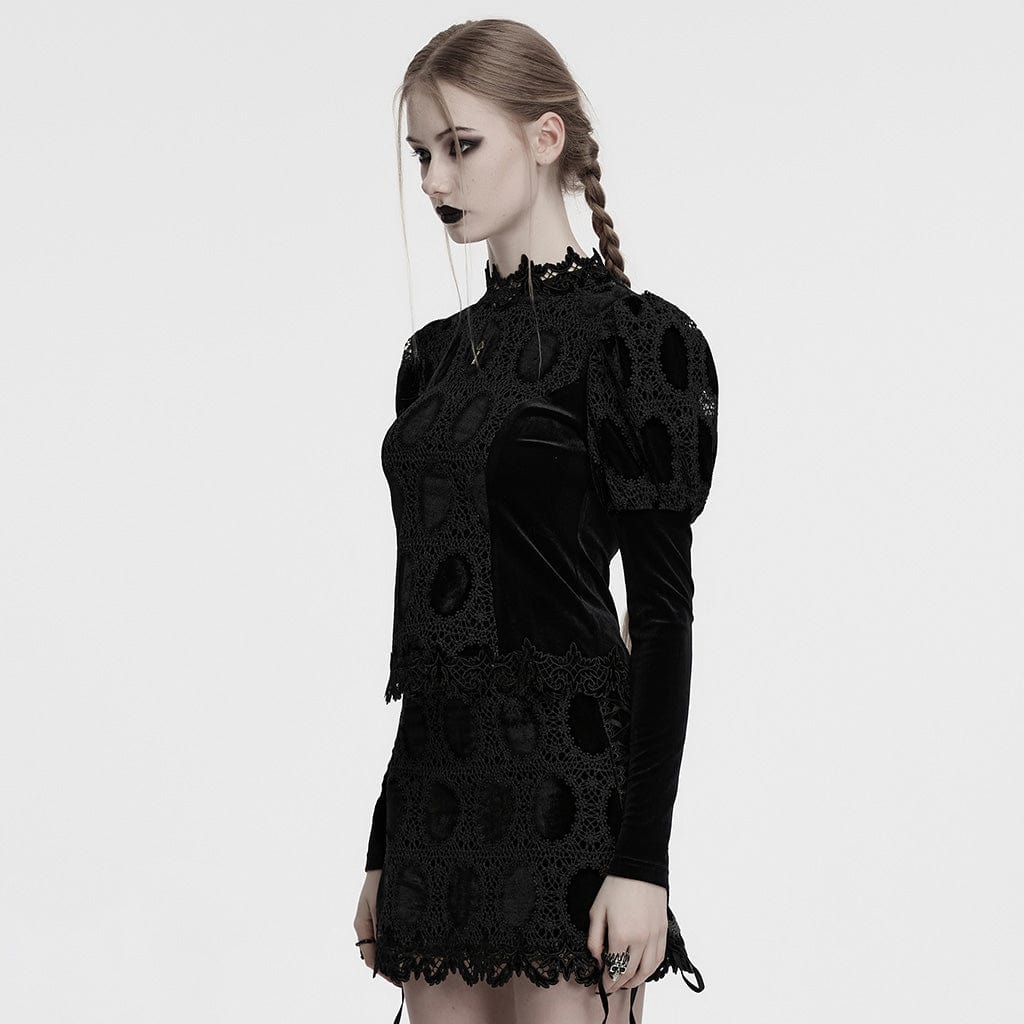 PUNK RAVE Women's Gothic Puff Sleeved Floral Embroidered Velvet Shirt Black
