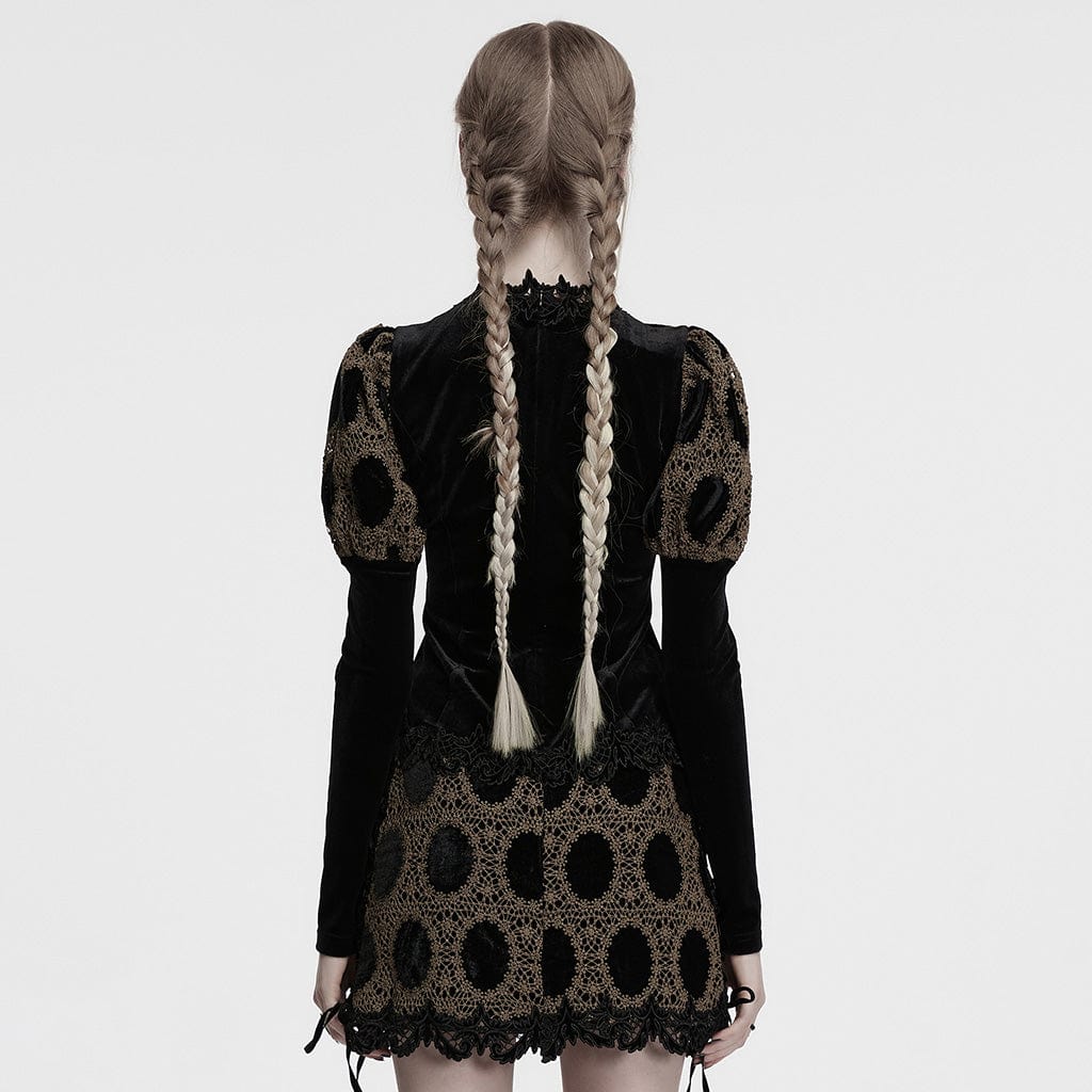 PUNK RAVE Women's Gothic Puff Sleeved Floral Embroidered Velvet Shirt Coffee