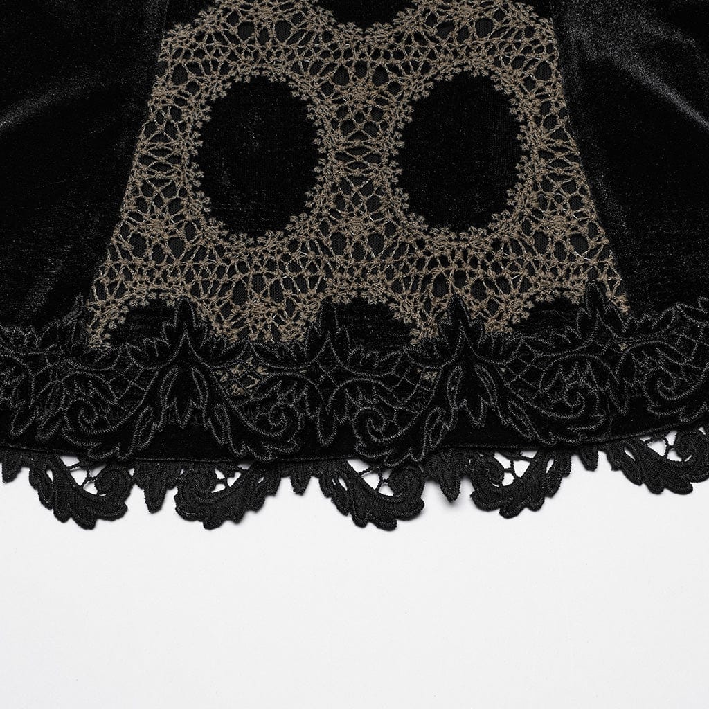 PUNK RAVE Women's Gothic Puff Sleeved Floral Embroidered Velvet Shirt Coffee