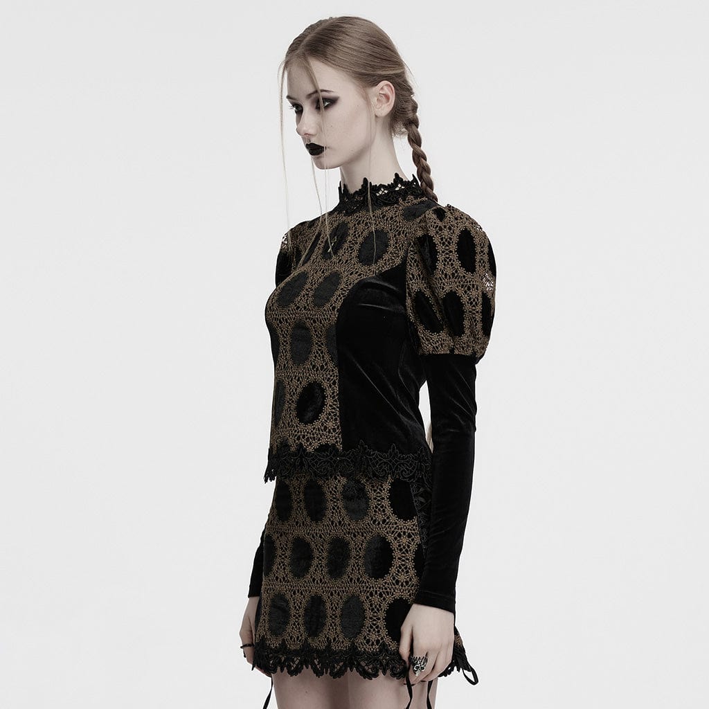 PUNK RAVE Women's Gothic Puff Sleeved Floral Embroidered Velvet Shirt Coffee