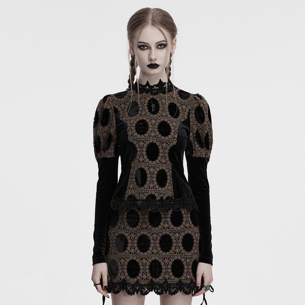 PUNK RAVE Women's Gothic Puff Sleeved Floral Embroidered Velvet Shirt Coffee