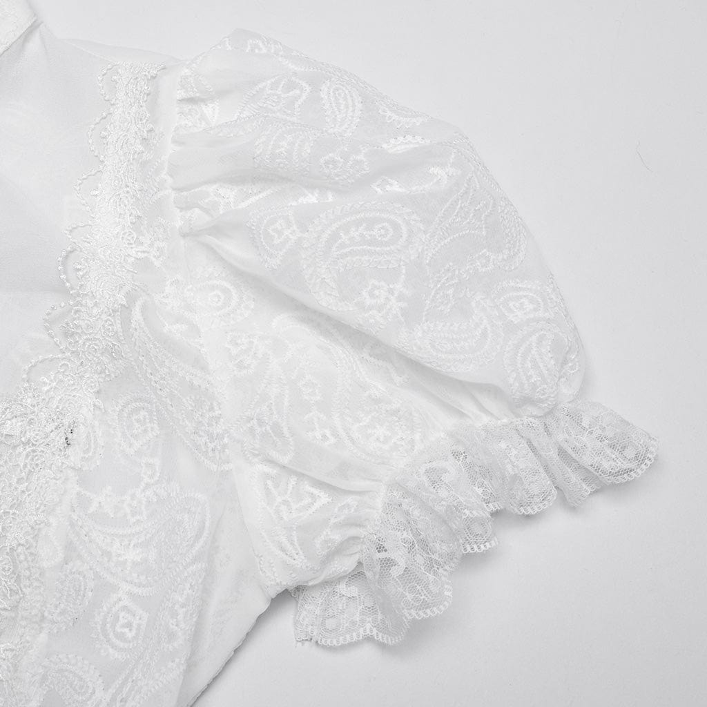 PUNK RAVE Women's Gothic Puff Sleeved Lace Hem Shirt