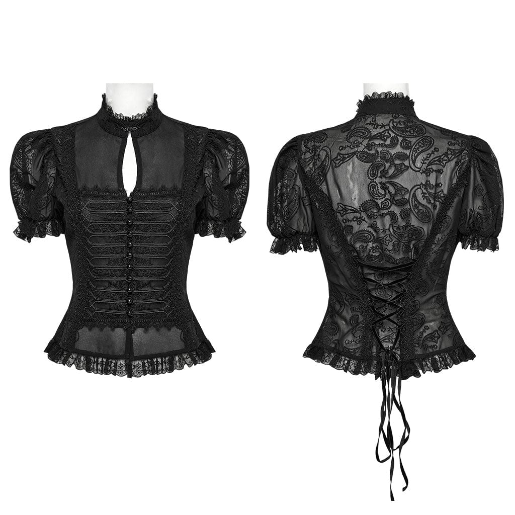 PUNK RAVE Women's Gothic Puff Sleeved Lace Splice Chiffon Shirt