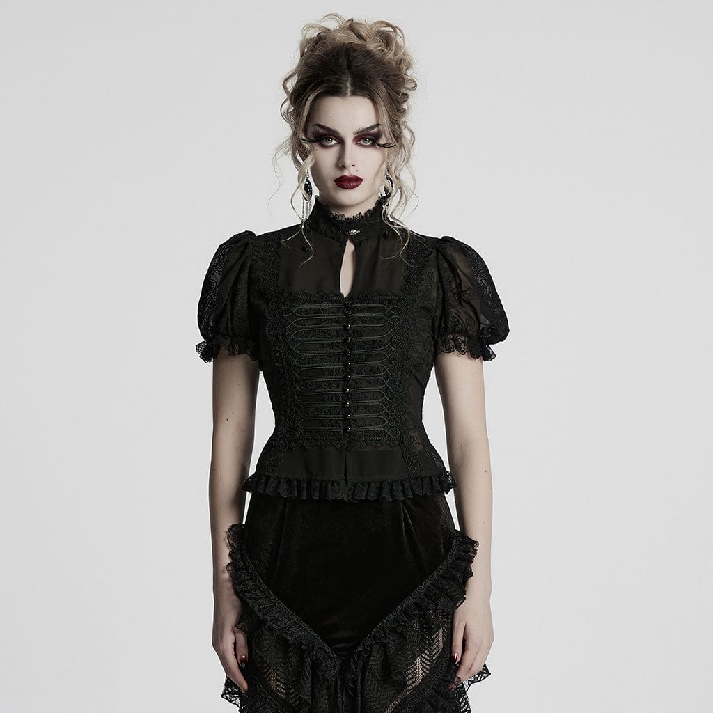 PUNK RAVE Women's Gothic Puff Sleeved Lace Splice Chiffon Shirt