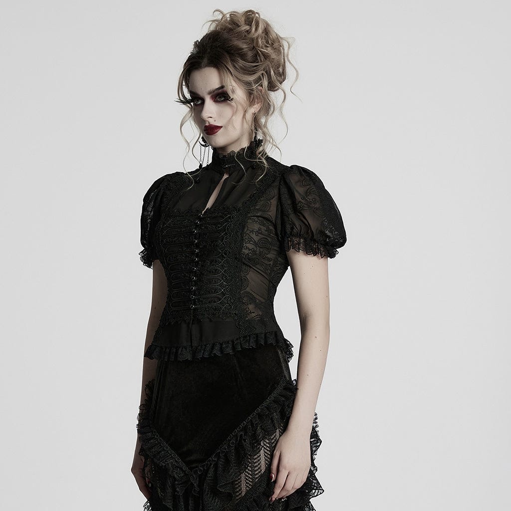 PUNK RAVE Women's Gothic Puff Sleeved Lace Splice Chiffon Shirt