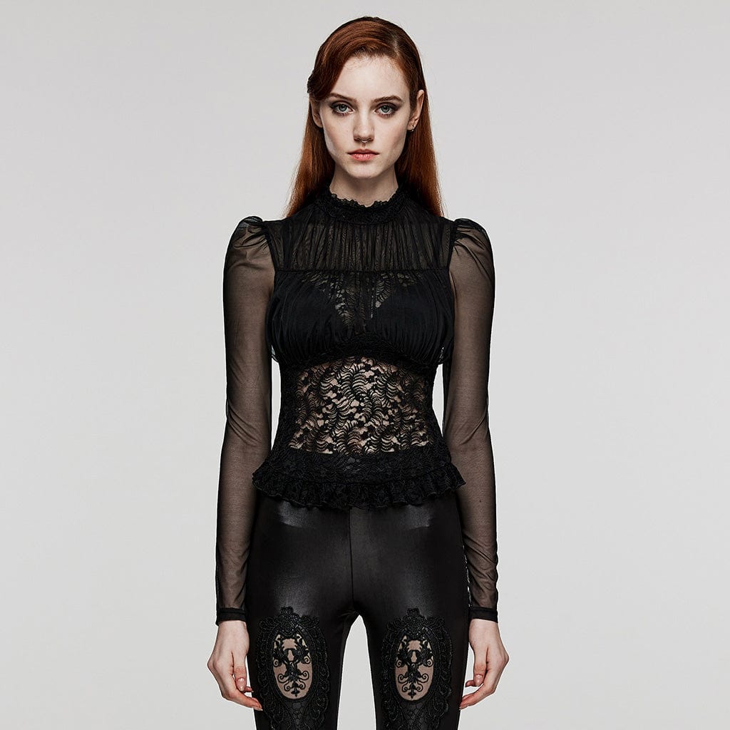 PUNK RAVE Women's Gothic Puff Sleeved Sheer Lace Shirt
