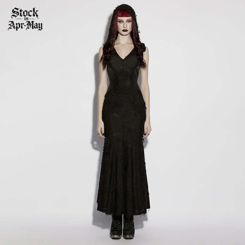 PUNK RAVE Women's Gothic Ripped Hooded Sleeveless Maxi Dress