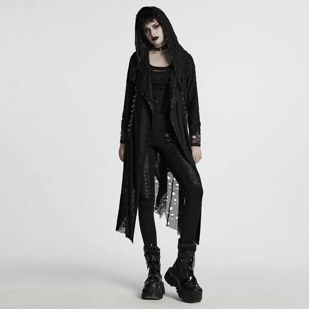 PUNK RAVE Women's Gothic Ripped Mesh Splice Coat with Hood